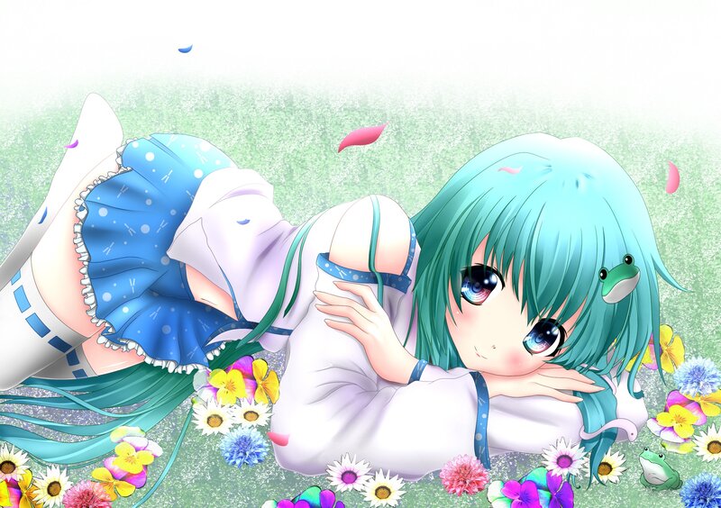 Anime girl with frogs in a field