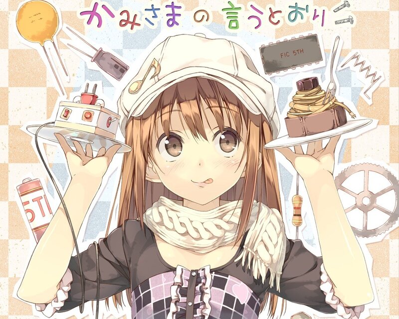 anime girl with gadgets and cake
