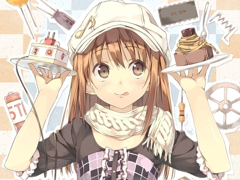 Anime girl with gadgets and cake