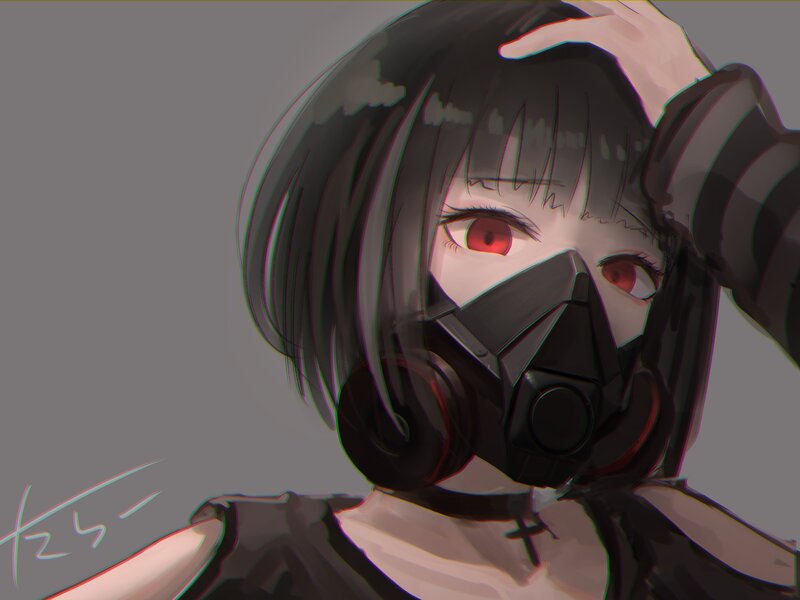 Anime Girl with Gas Mask — Gray, Dramatic