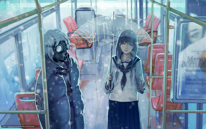Anime girl with gas mask on bus
