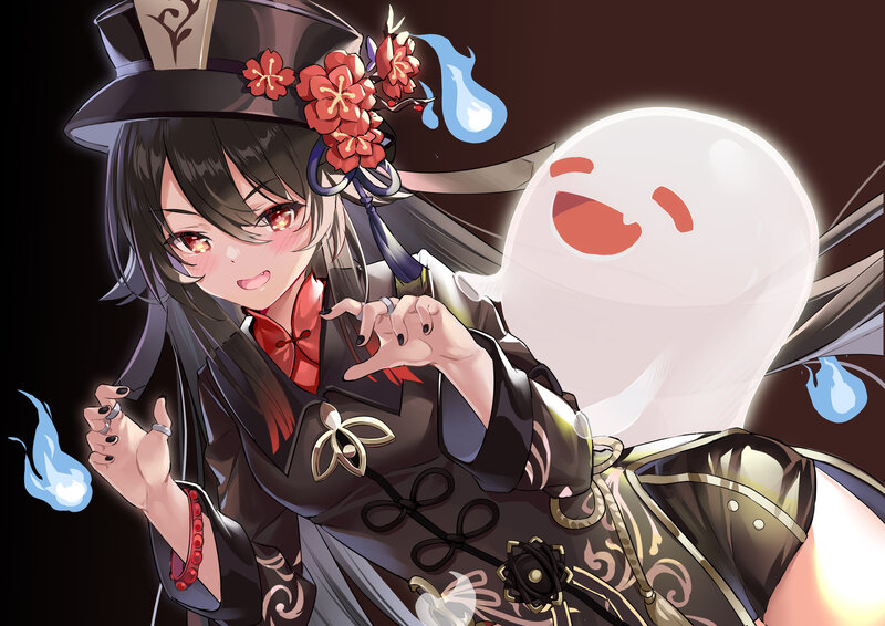 Anime Girl with Ghost — Black, Playful