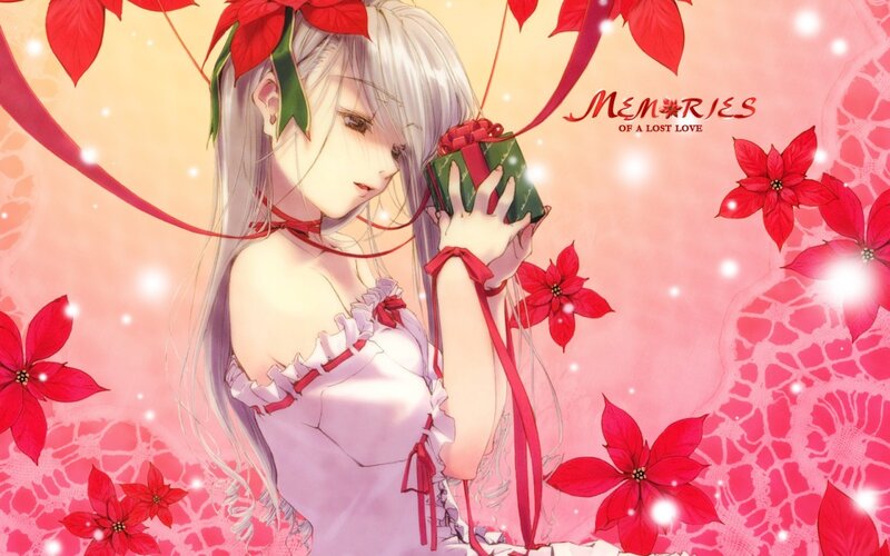 Anime girl with gift and poinsettias
