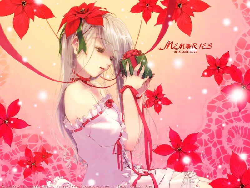 Anime girl with gift and poinsettias