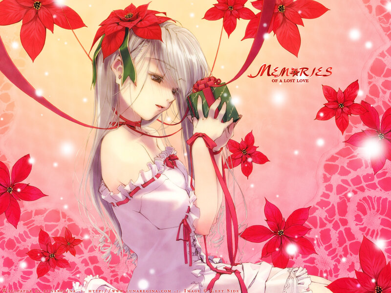 Anime girl with gift and poinsettias
