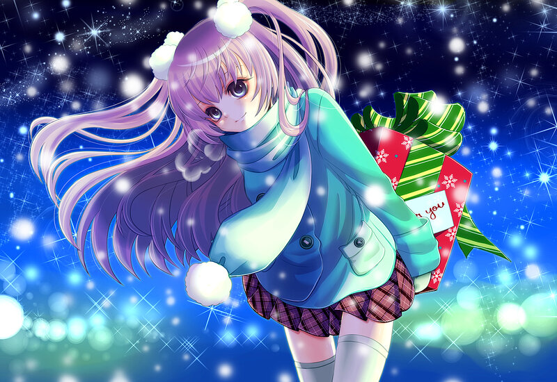 Anime Girl with Gift — Blue, Festive, Winter