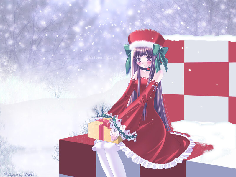 Anime girl with gift in snow