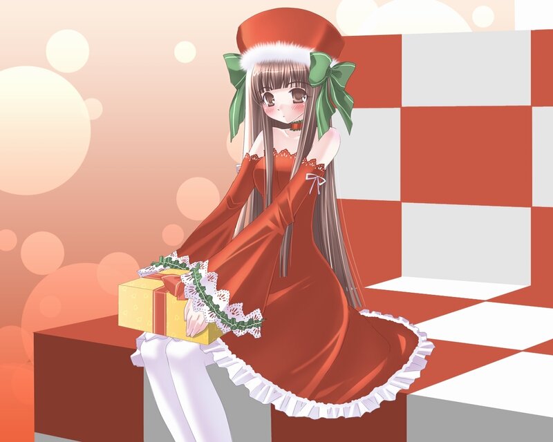 Anime Girl with Gift — Red, Festive, Digital Art