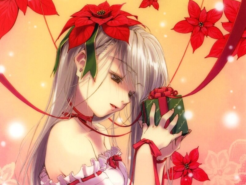 Anime Girl with Gift — Red, Festive