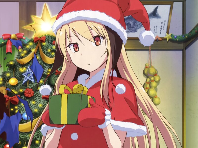 Anime Girl with Gift — Red, Festive, Winter