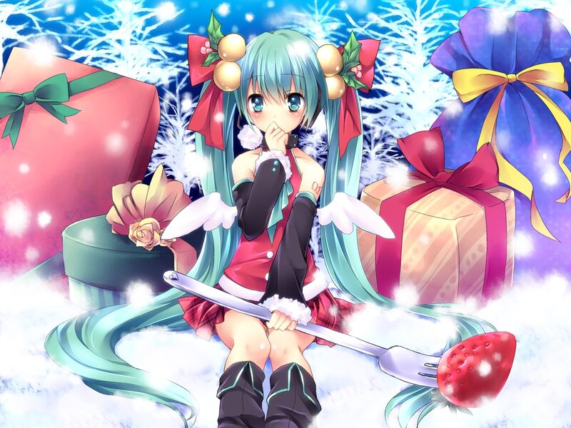 Anime Girl with Gifts — Blue, Festive, Winter