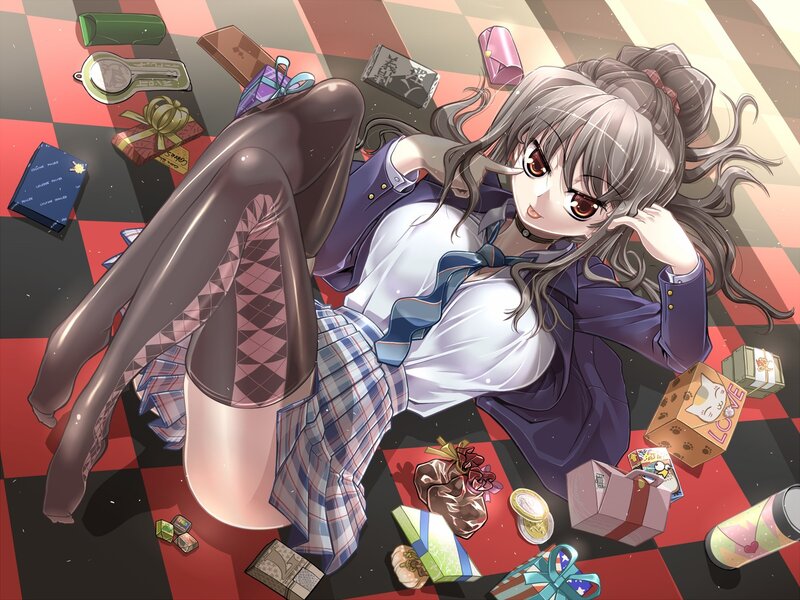 Anime girl with gifts on floor