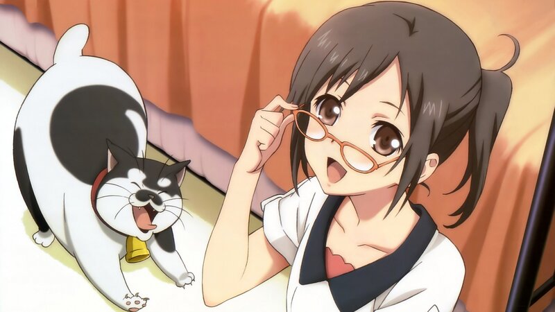 anime girl with glasses and cat