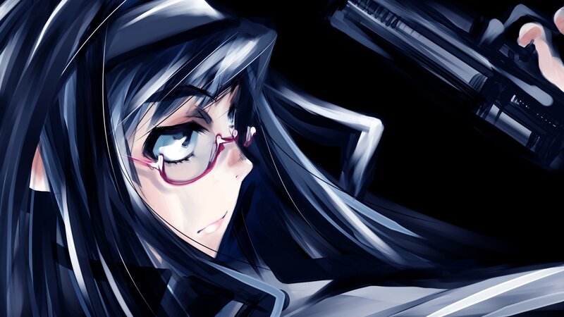 anime girl with glasses and gun