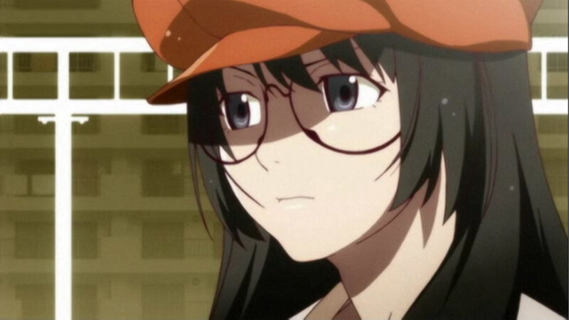 anime girl with glasses and hat