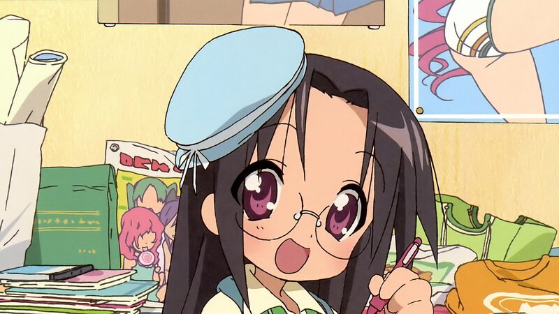 anime girl with glasses and pen