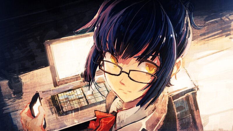 anime girl with glasses at desk