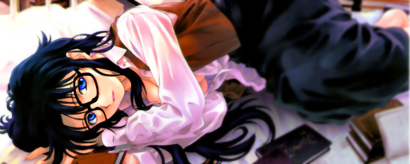 Anime Girl with Glasses — Black, Calm, Bed