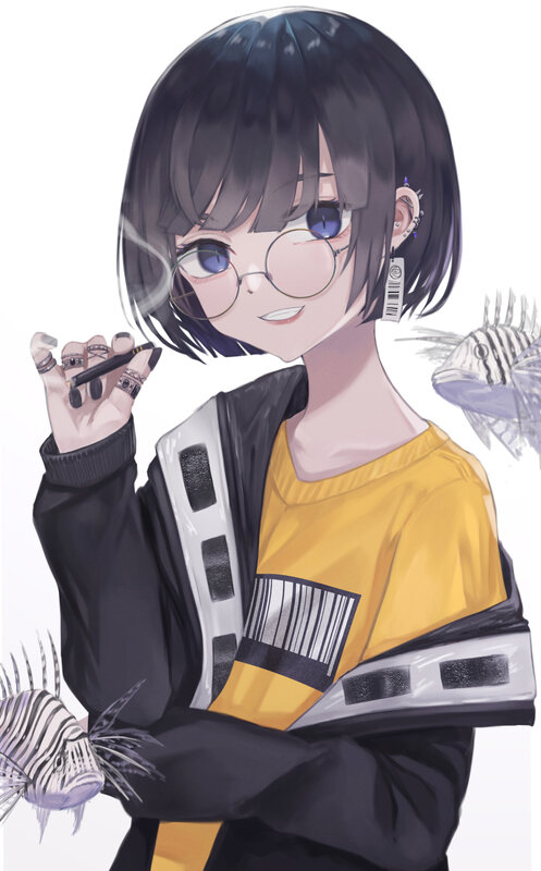 Anime Girl with Glasses — Black, Calm, Digital Art, Cigarette