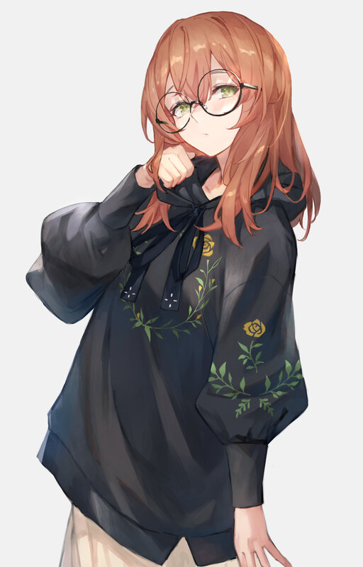 Anime Girl with Glasses — Black, Calm, Digital Art, Flower Embroidery