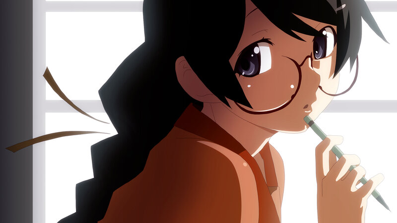 Anime Girl with Glasses — Black, Contemplative