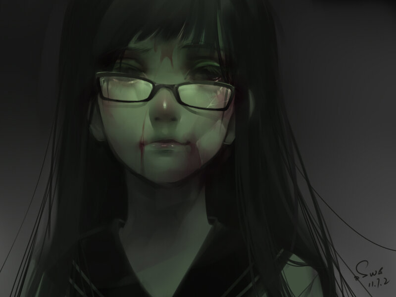 Anime Girl with Glasses — Black, Dark