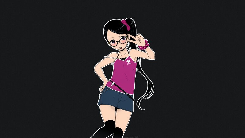 Anime Girl with Glasses — Black, Playful, Pink Top