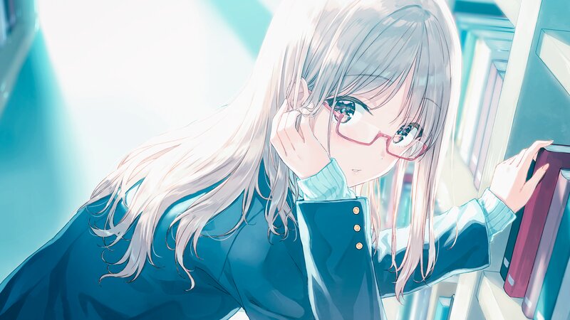 Anime Girl with Glasses — Blue, Calm, Digital Art, Bookshelf