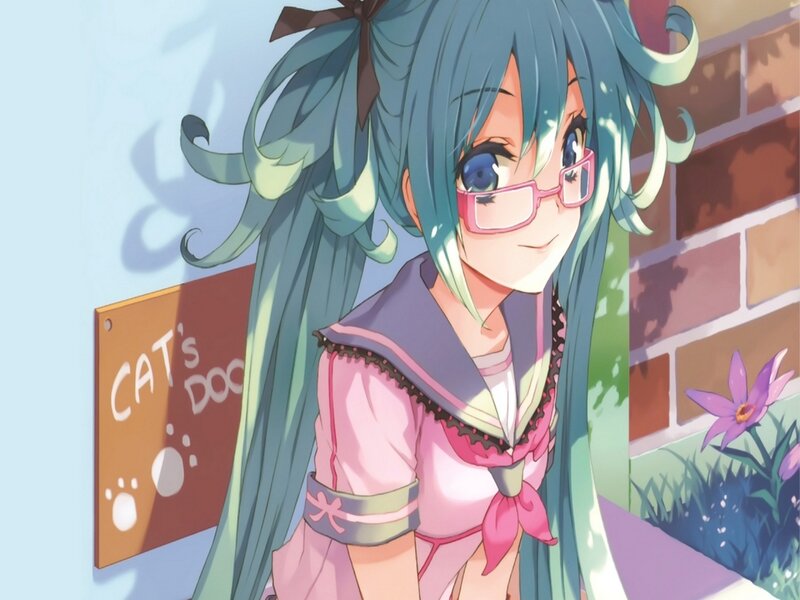 Anime Girl with Glasses — Blue, Cheerful