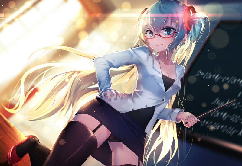 Anime Girl with Glasses — Blue, Dramatic, Digital Art, Blackboard