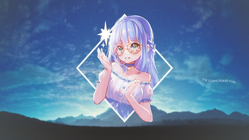 Anime Girl with Glasses — Blue, Serene, Night, Digital Art