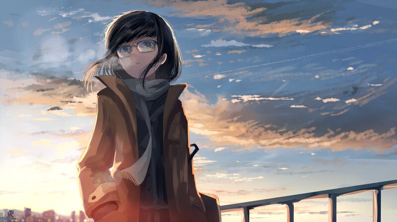 Anime Girl with Glasses — Blue, Serene, Sunset, Digital Art, Sky