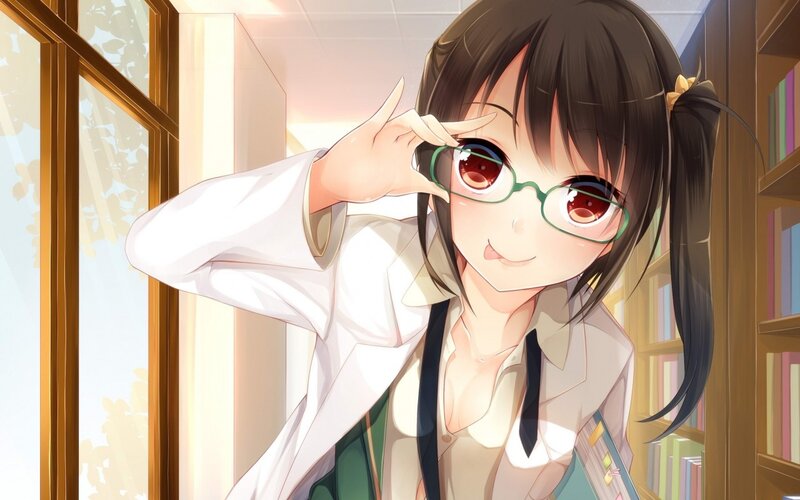 Anime Girl with Glasses — Brown, Calm, Afternoon, Bookshelf