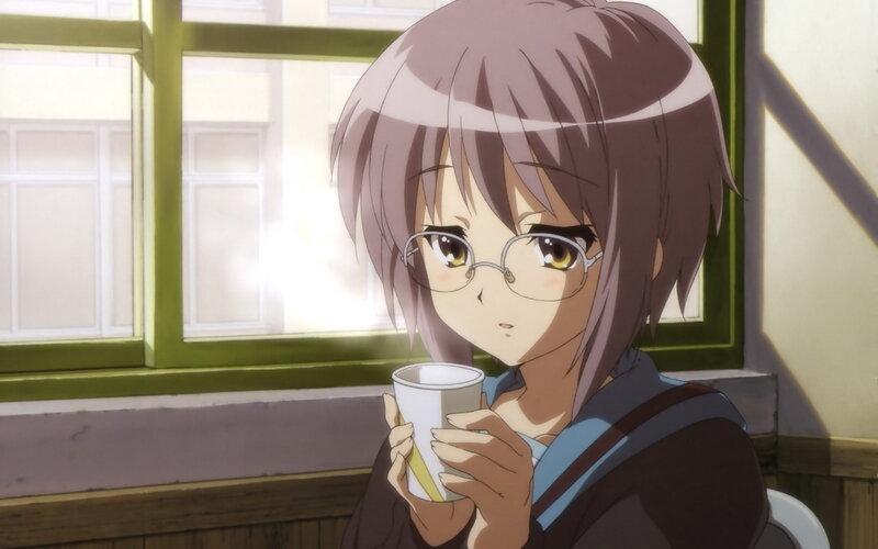 Anime Girl with Glasses — Brown, Calm, Afternoon, Cup