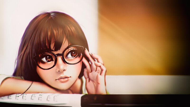 Anime Girl with Glasses — Brown, Calm, Afternoon, Digital Art, Notebook