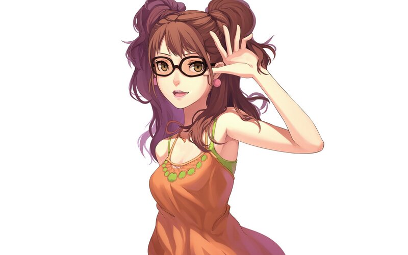 Anime Girl with Glasses — Brown, Playful, Dress