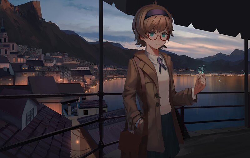 Anime Girl with Glasses — Brown, Serene, Sunset