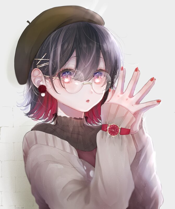 Anime Girl with Glasses — Gray, Calm, Digital Art, Beret
