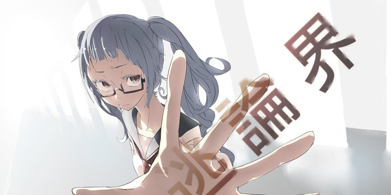 Anime Girl with Glasses — Gray, Dramatic, Hand Gesture