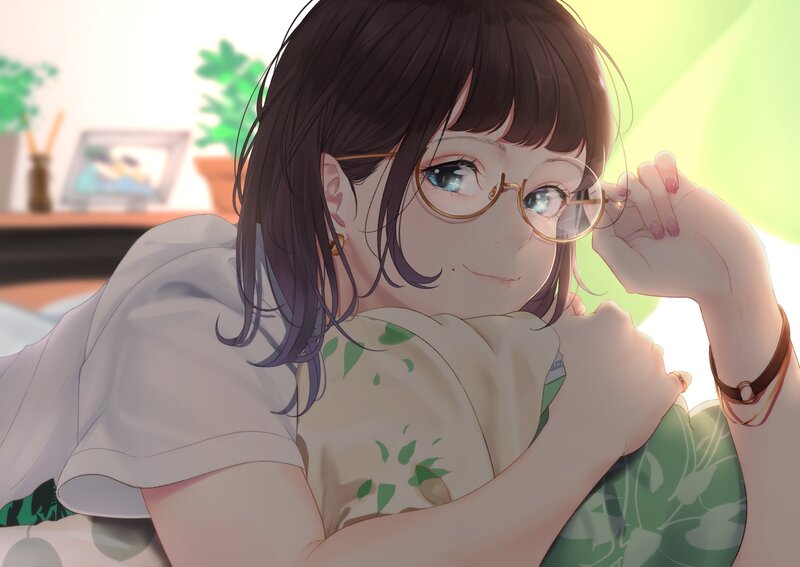 Anime Girl with Glasses — Green, Calm, Afternoon