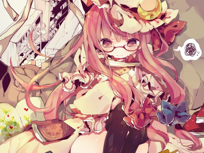 Anime girl with glasses in library