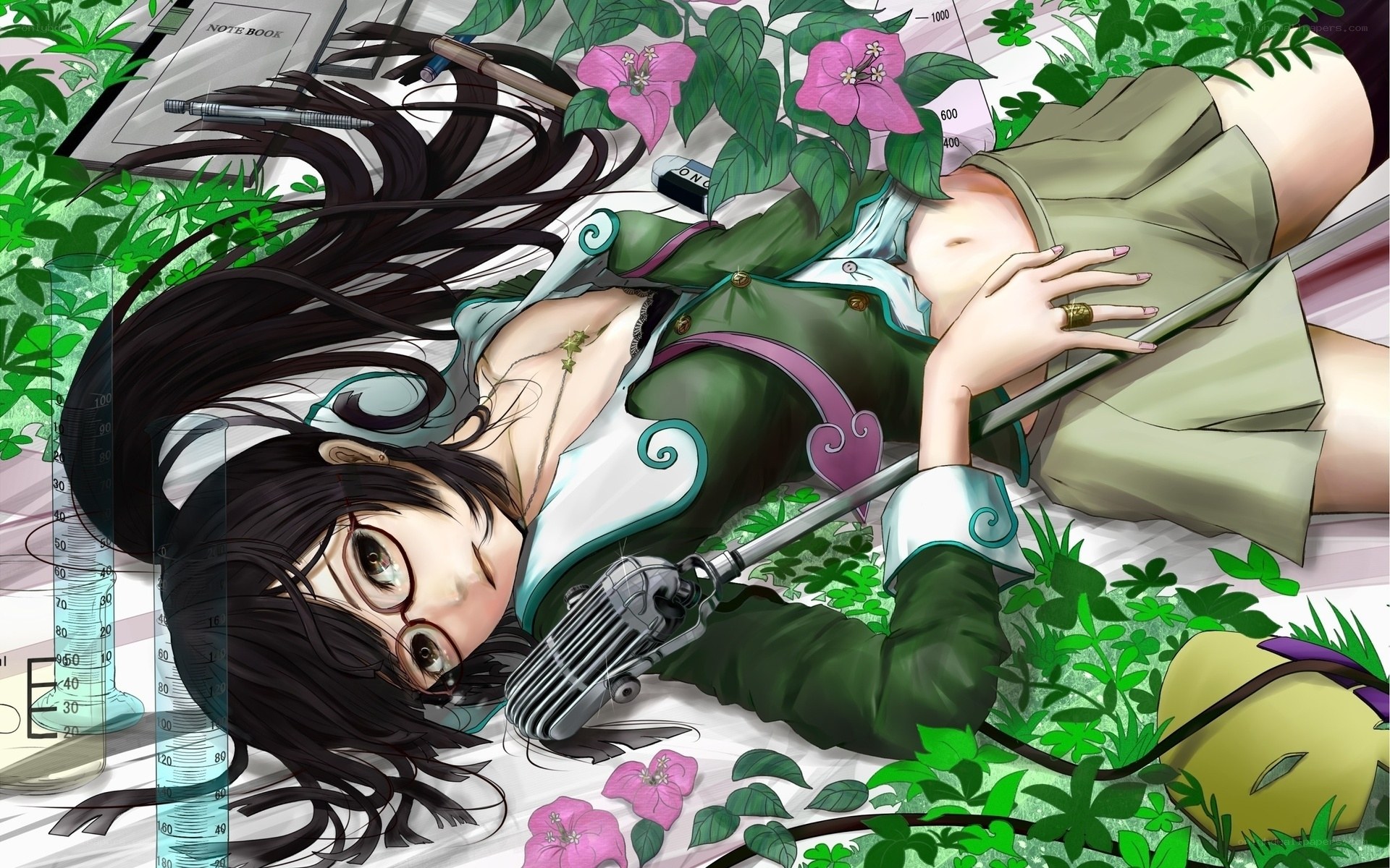 Anime girl with glasses lying down