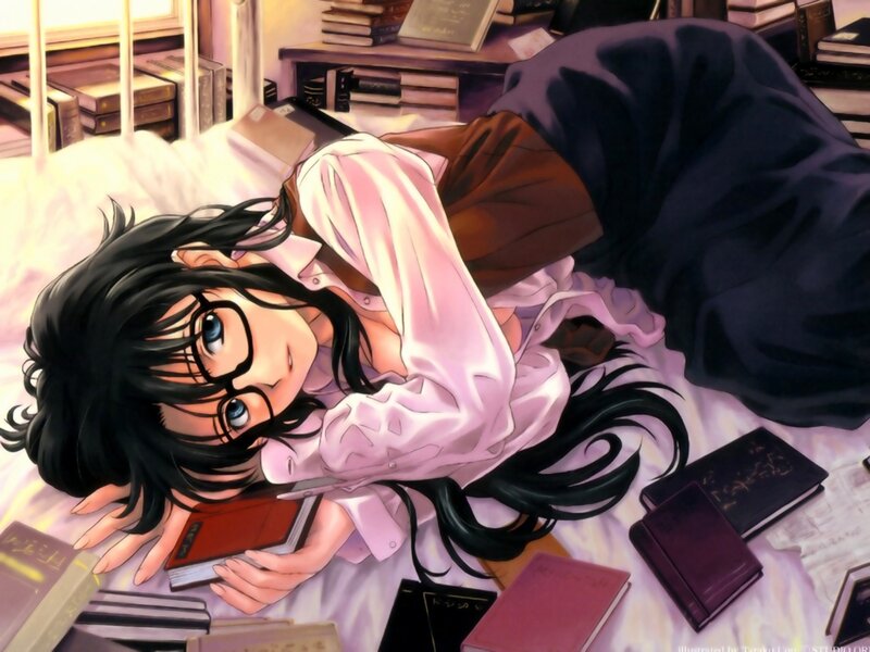 Anime girl with glasses on bed