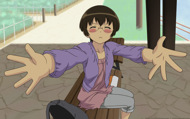 anime girl with glasses on bench