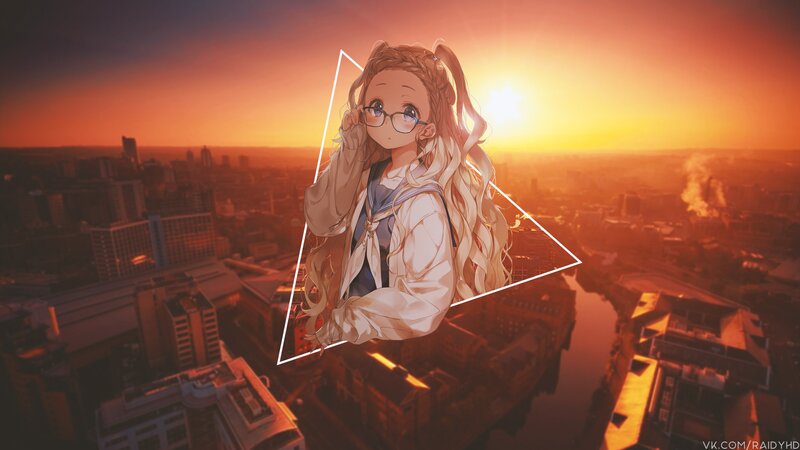Anime Girl with Glasses — Orange, Dramatic, Sunset, Digital Art