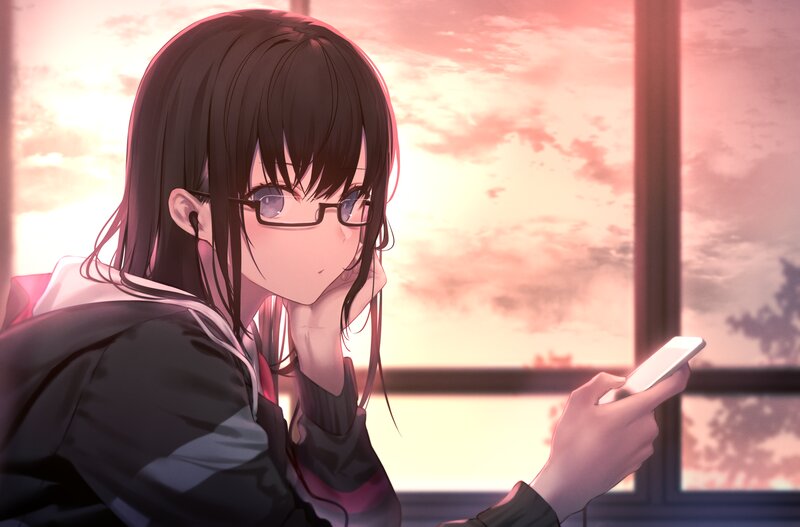 Anime Girl with Glasses — Pink, Calm, Sunset