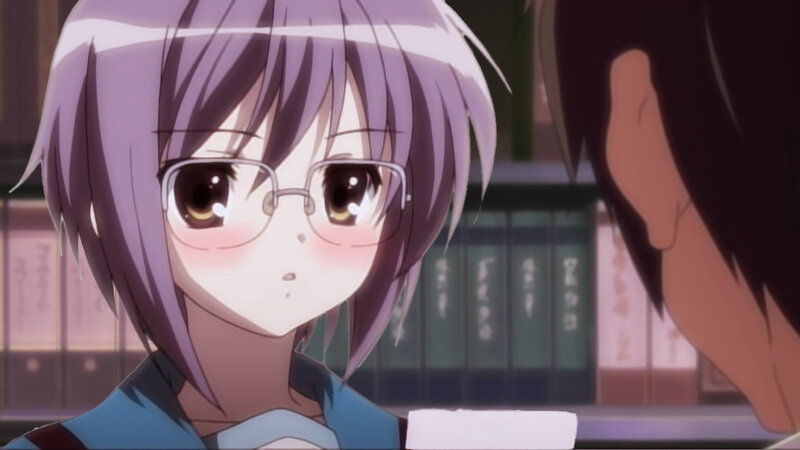 Anime Girl with Glasses — Purple, Calm, Bookshelf, Blush