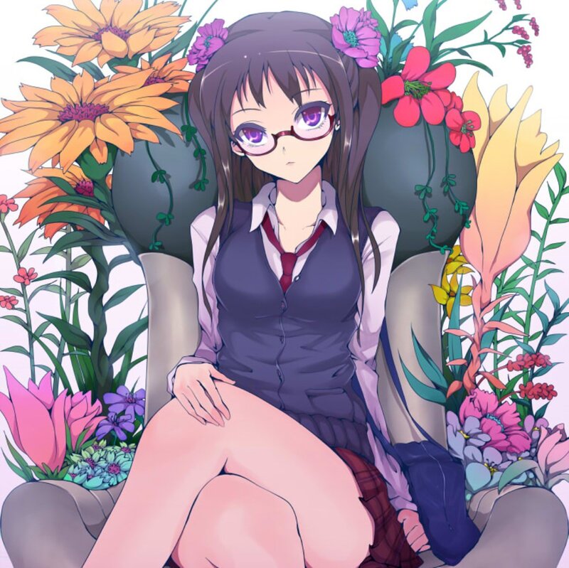 Anime Girl with Glasses — Purple, Calm, Flowers