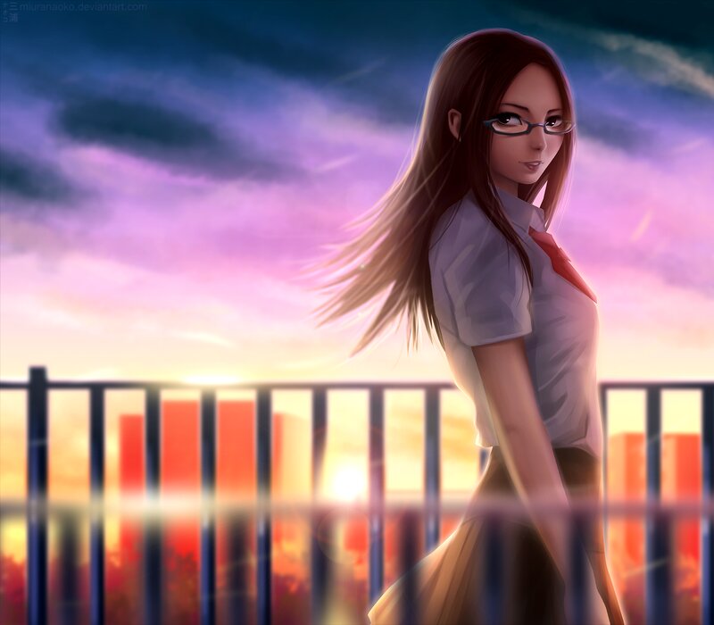 Anime Girl with Glasses — Purple, Dramatic, Sunset, Digital Art, School Uniform