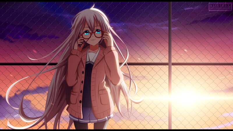 Anime Girl with Glasses — Purple, Dramatic, Sunset, Digital Art
